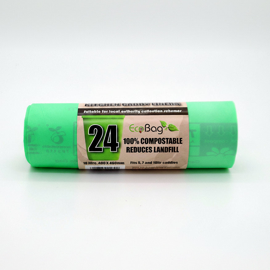 A green compostable kitchen caddy liner roll with the label 'Eco Bag' and '24' indicating the number of bags in the roll, placed against a white background.