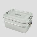 A stainless steel two-tier leak-resistant lunch box with a lid and locks.