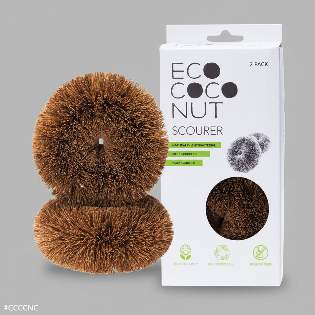 A pair of brown coconut fiber scourers in packaging that highlights their eco-friendly attributes.