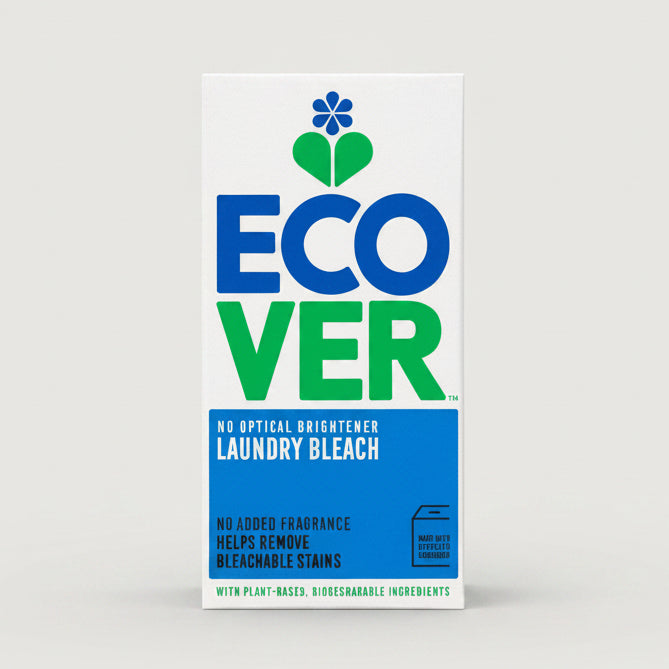 Packaging of Eco Cover Laundry Bleach, featuring product name and description, with a green and white color scheme.