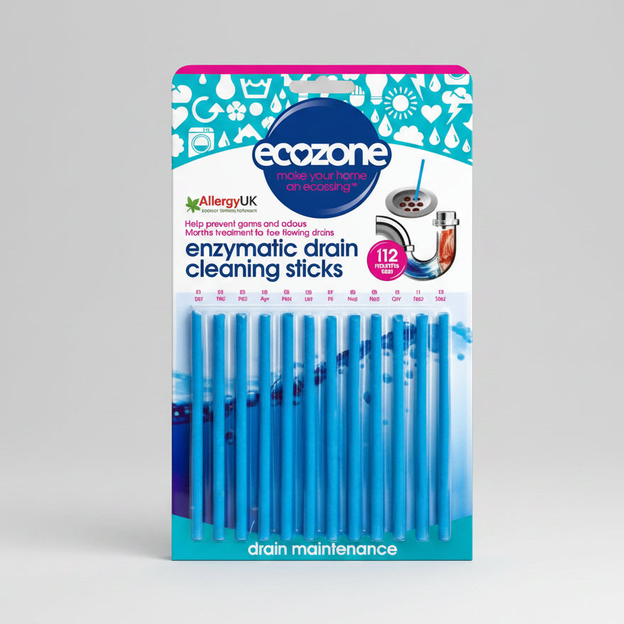 Packaging of ecozone enzymatic drain cleaning sticks, with product visible through a window on the box, highlighting its use for drain maintenance.