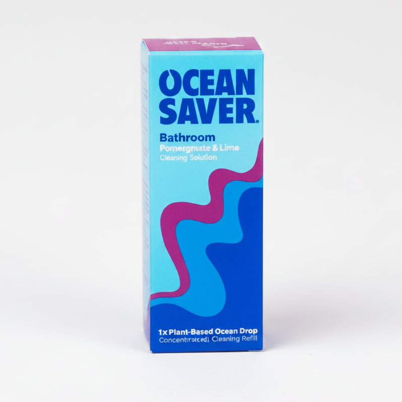 A box of Ocean Saver bathroom room refill with blue and pink design, indicating it is a biodegradable cleaning product for bathrooms.