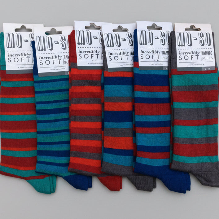 a row of stripy mo-so socks