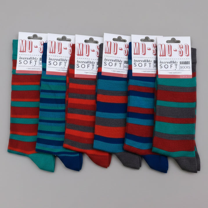 Pairs of striped bamboo socks in various colors including red, blue, and green, displayed on a surface.