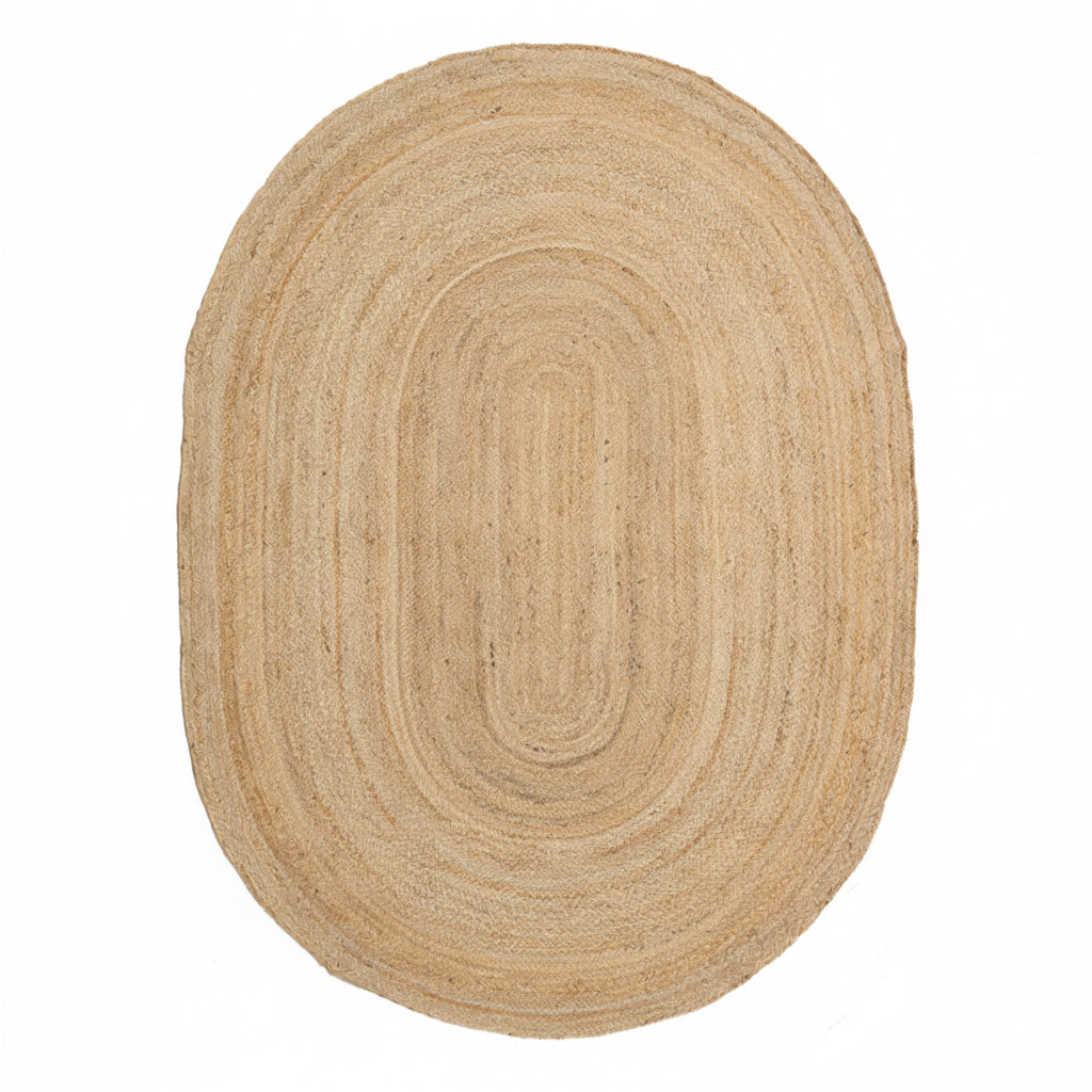 oval natural jute rug on a white background