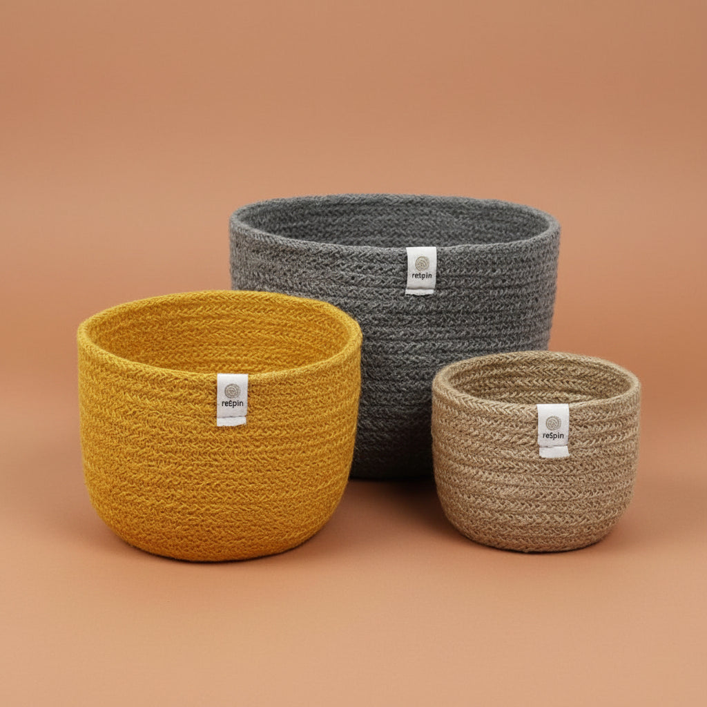 set of three jute baskets large - grey, medium - yellow, small natural