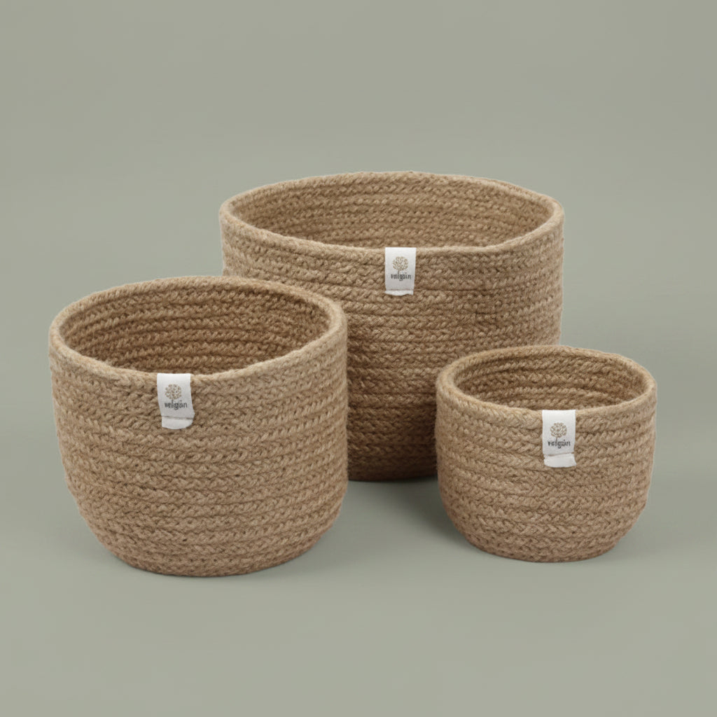 set of three natural jute baskets small, medium and large